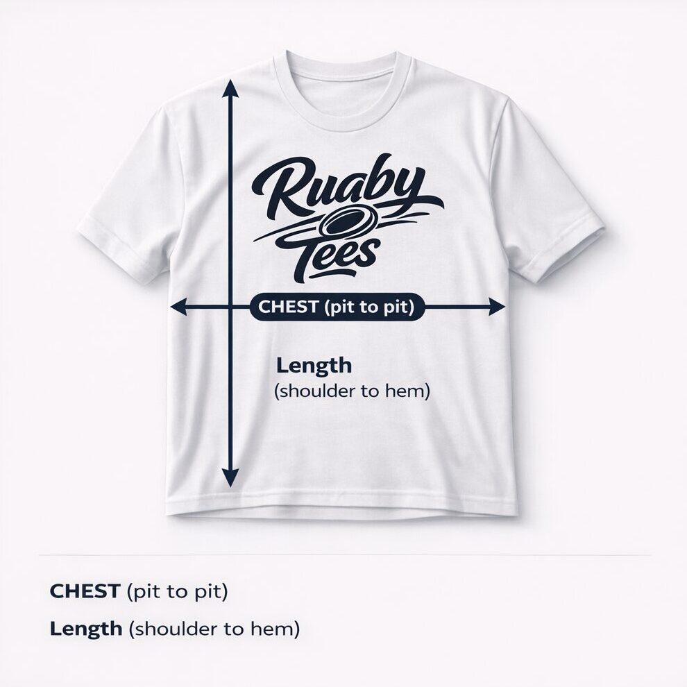 T-shirt measurement guide showing chest pit to pit and length shoulder to hem